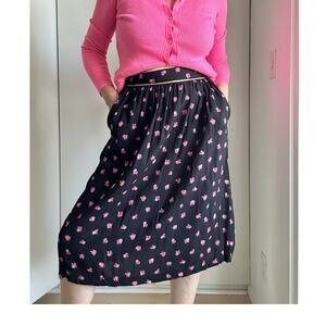 Vintage 80s Cotton Floral Print Skirt Black Pink Cottage Core Summer Size 26 W